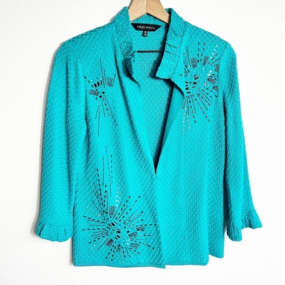 MING WANG XS BLUE WITH SHINY DETAIL OPEN JACKET OR CARDIGAN SIZE XS BRAND NEW